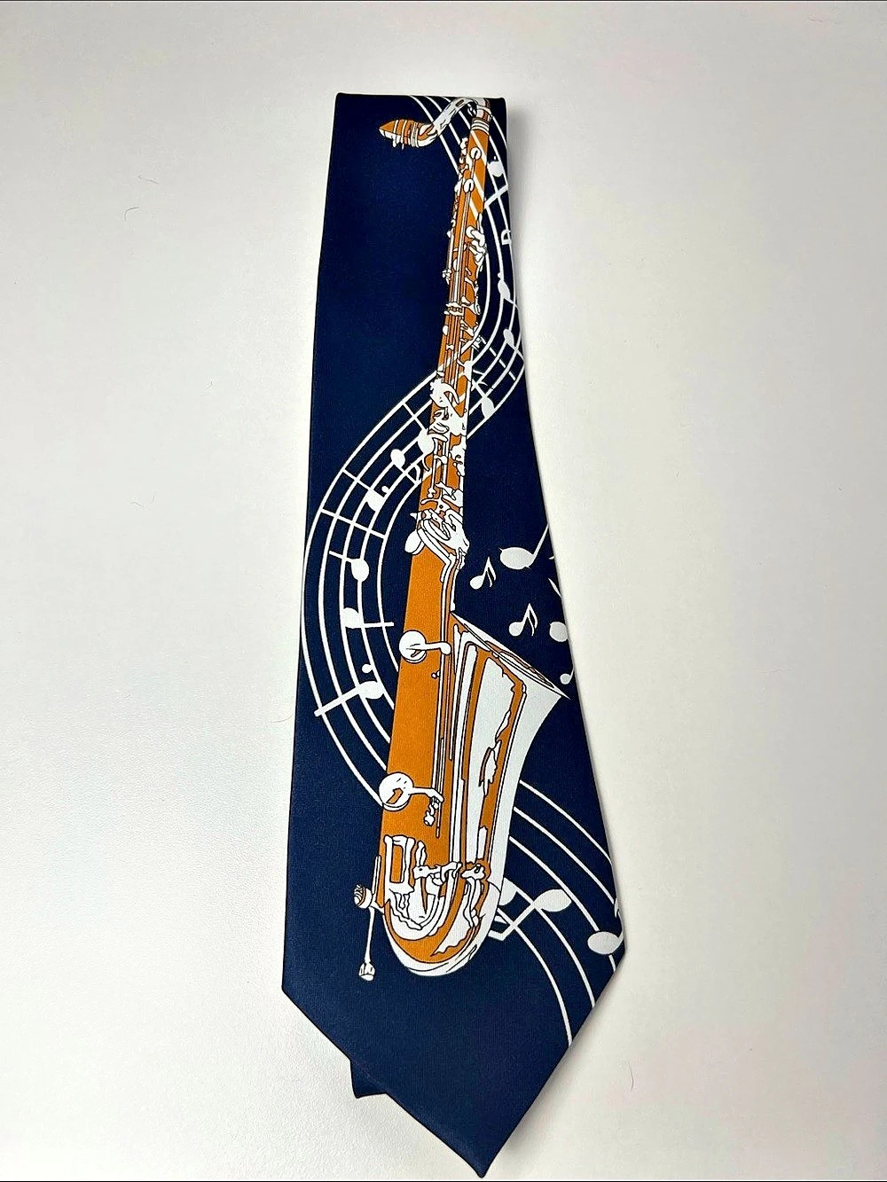 Valera Boldi Musical Instrument Print Tie in Blue & Orange Silk